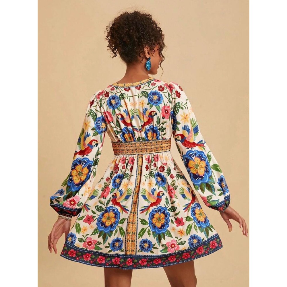 Tropical Parrot Floral Print V-Neck Balloon Sleeve Mini Dress Ivory Large - Picture 2 of 11